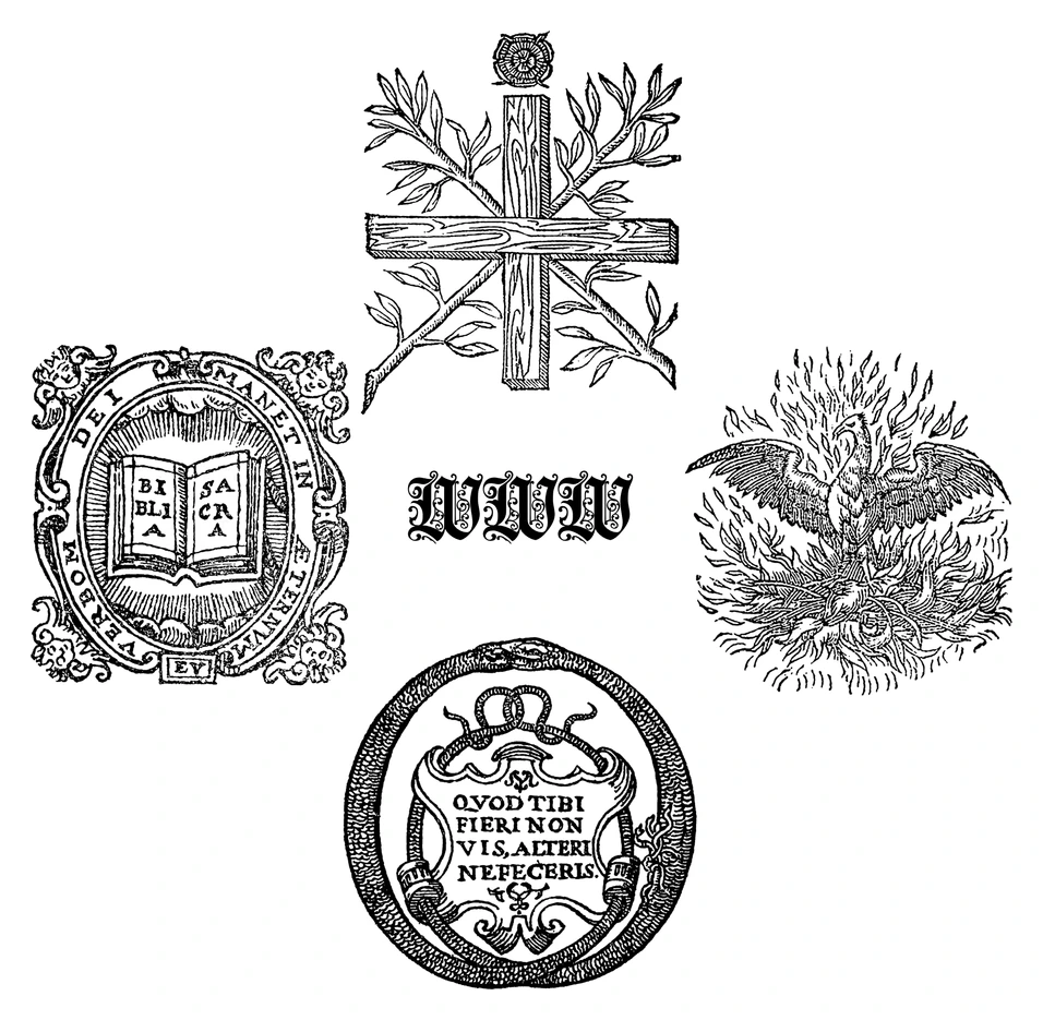 Wandering Wizard Wares emblem of four engraved alchemical symbols